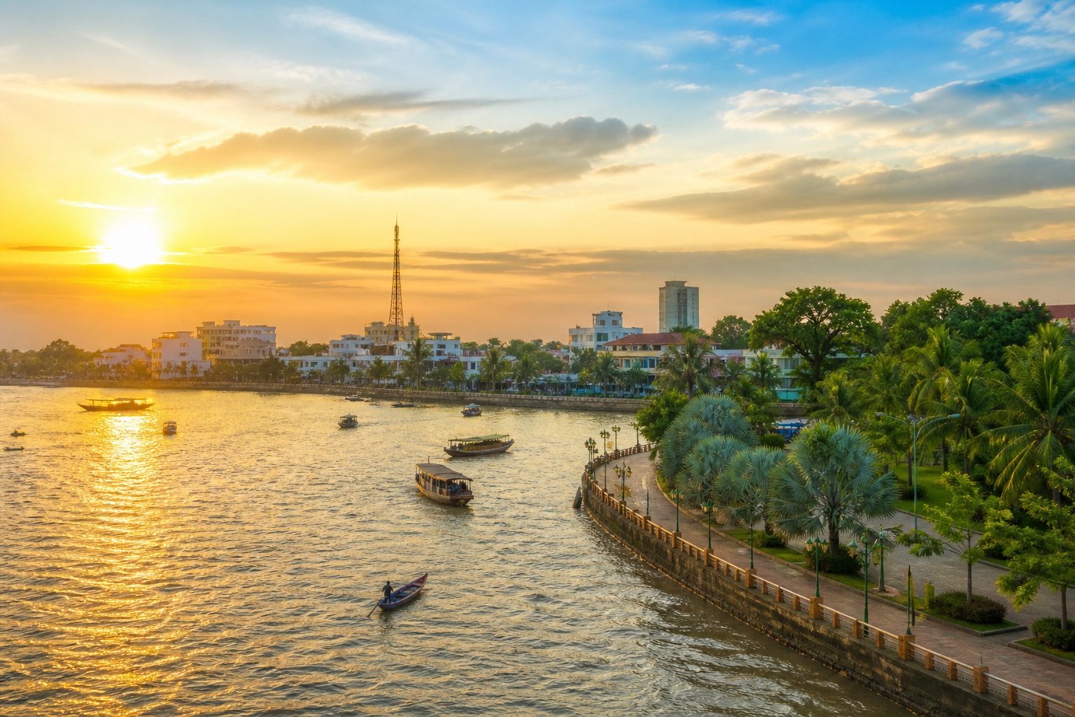 Bến Ninh Kiều và sông Hậu tại Cần Thơ lúc hoàng hôn